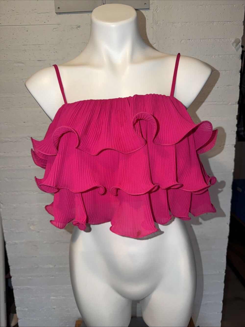 Tiered Ruffled Cropped Pink Square Neck Tank S New Preppy, Coquette, Y2K Revival